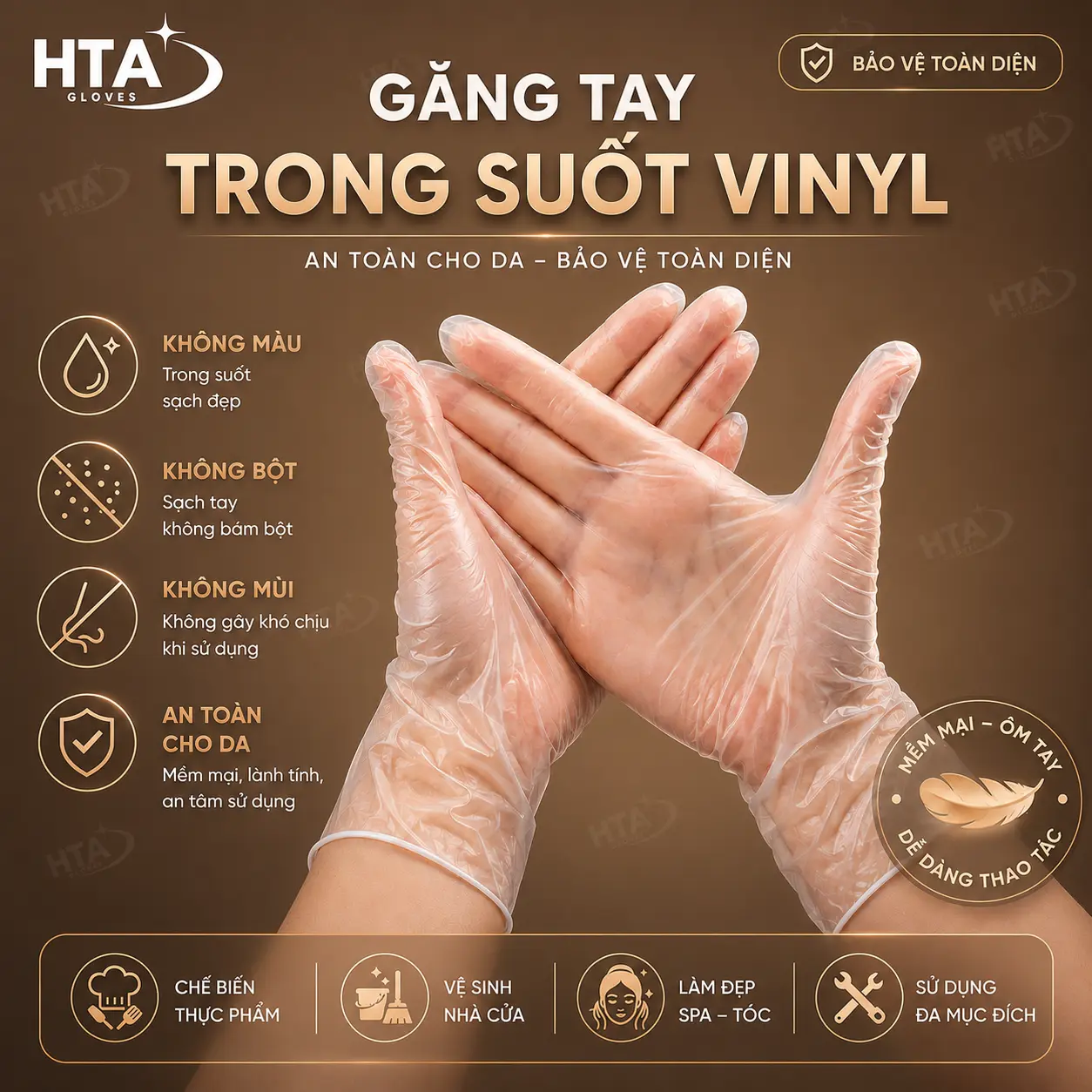 [GMV2] Găng Tay HTA Trong Suốt Vinyl Dai Dẻo - Đủ 100 Chiếc - Size S M L - An toàn tiện lợi - Dùng Cho Thực Phẩm Spa Phun Xăm Thẩm Mỹ