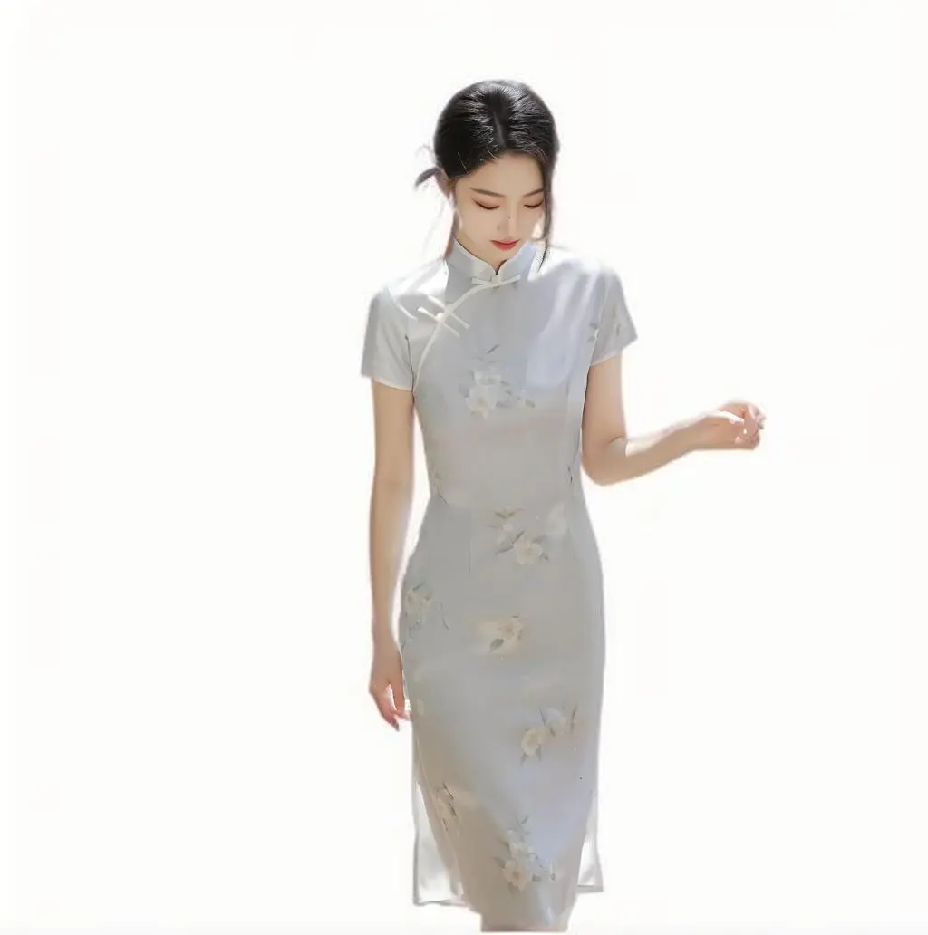[Light gray printed short-sleeved cheongsam woman] The new slim and long design is elegant and slim, which is suitable for women's daily/party wear and interpretation of oriental classical charm!