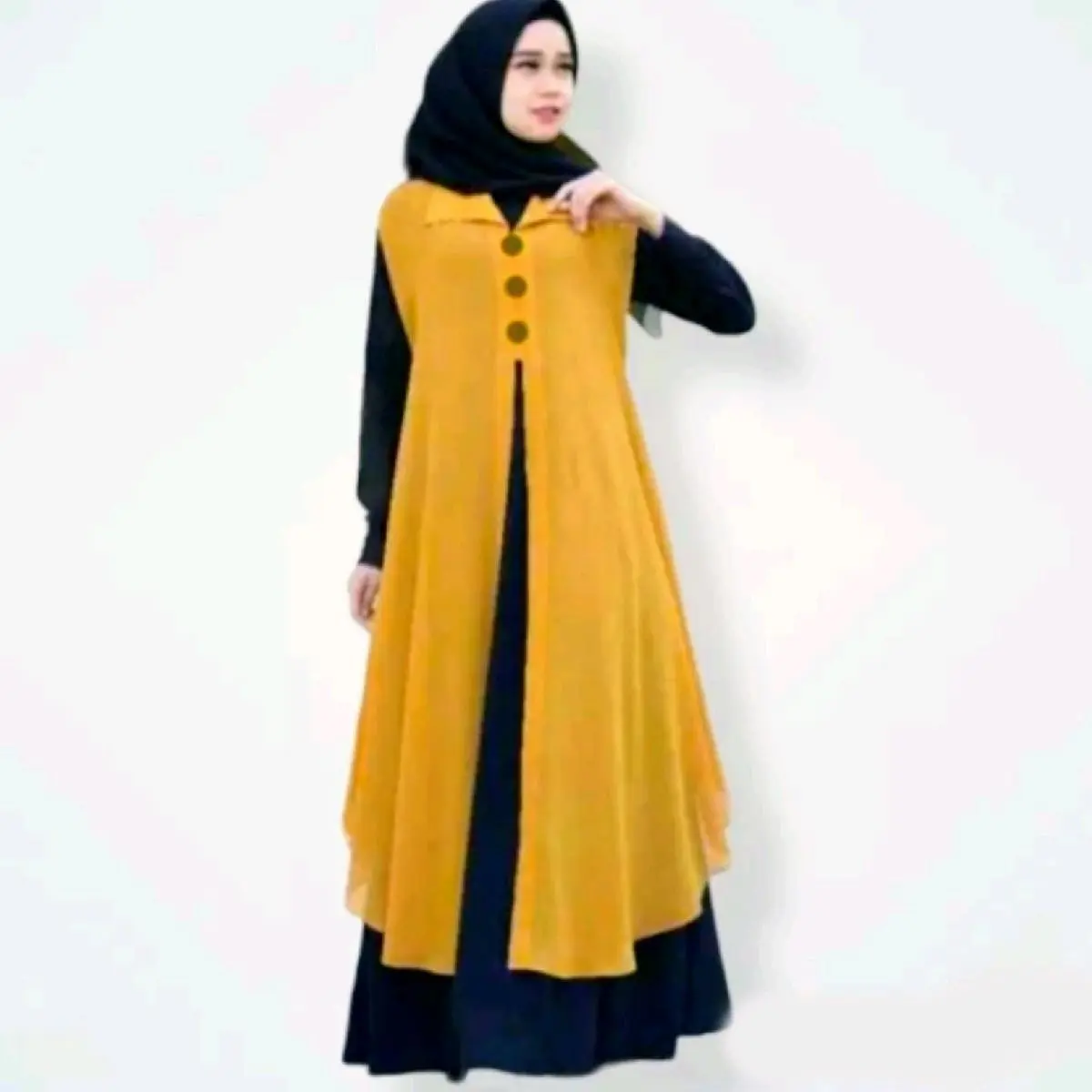 Long Cardigan Outer Ceruty Babydoll Tanpa Lengan Motif Polos Kancing Batok Kekinian Terbaru By Azka Collection