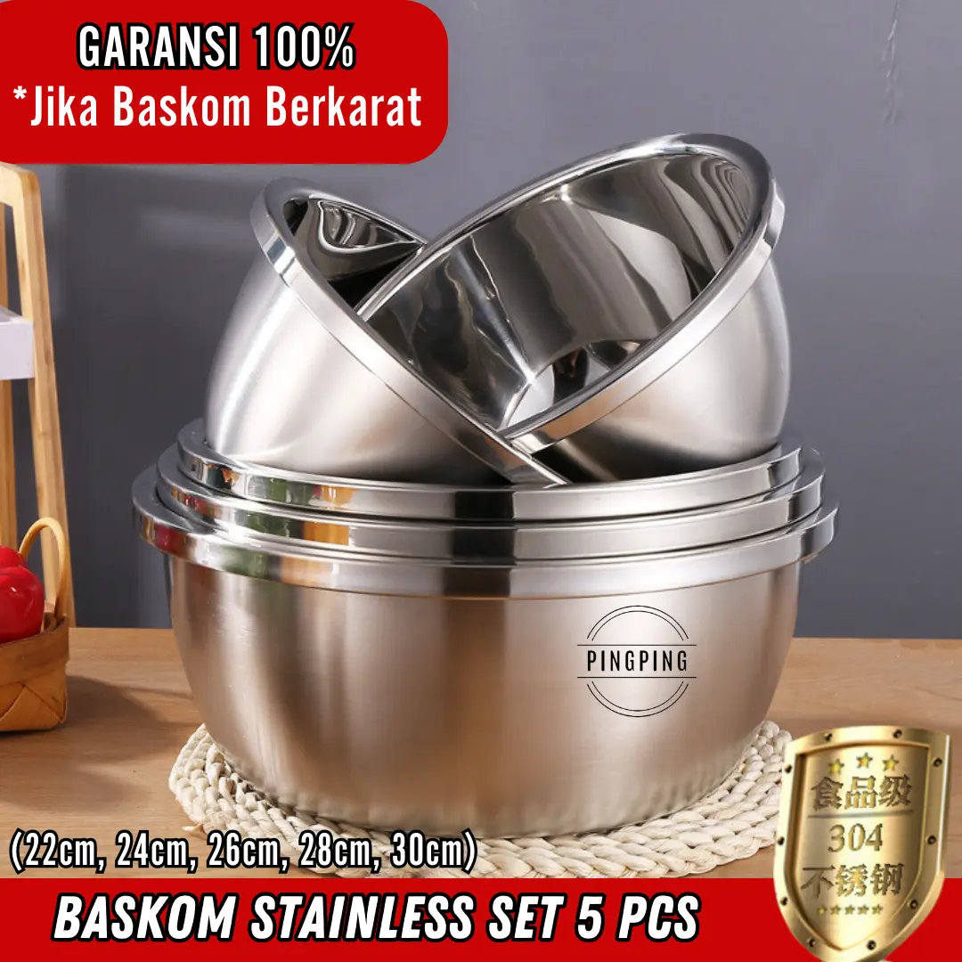 PINGPING - Baskom Set Isi 5PCS Dan Isi 6PCS Stainless Tebal Wadah Cuci Beras, Buah, dan Sayur