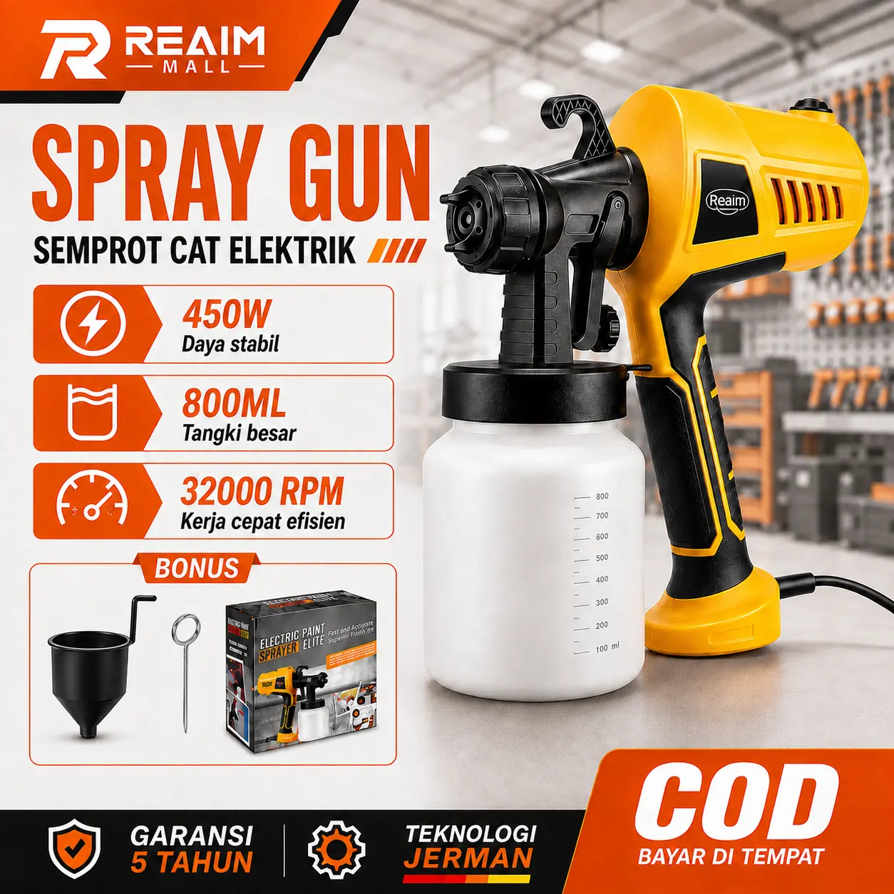 REAIM Spray Gun Listrik Mesin Cat Semprot 450W 800ML Sprayer Cat Elektrik Alat Semprot Cat Portable Untuk Cat Tembok Kayu Besi Pagar Renovasi Rumah Proyek Tukang Cat Hasil Halus Atomisasi Tinggi Kuat Tahan Lama Garansi 5 Tahun