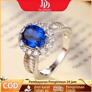 De JEWELRY Cincin Wanita Batu Safir Warna Biru Neon & Hijau Full Zirkon Bingkai Emas Serbaguna Pakai Sehari-hari