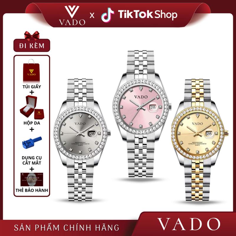 Đồng Hồ Nữ Mặt Tròn Viền Đính Đá Lấp Lánh, Dây Kim Loại Có Lịch Ngày Sang Trọng - DH9850 VADO