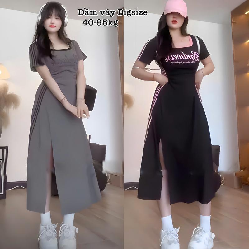Thời Trang Bigsize - Đầm Váy Bigsize Dáng Dài Chữ A Sọc Thể Thao Nhún Eo in Chữ Chất Thun Tăm cổ Vuông Che Bụng Cho Nàng Chuppy Hot Hit Nữ Cao Cấp Xinh Đẹp Sang Trọng Dễ Thương Giá Rẻ 40-95kg Én Nhỏ Có Bigsize Nhung Đen Voi Kem Tím - 2479 2507