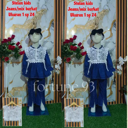 Stelan anak perempuan import korean style celana jins cutbray kombinasi salur usia 3 - 12 tahun set anak terbaru 2025 setelan anak perempuan jumbo oversize set labubu / kuromi anak perempuan - COD Baju Jeans Fashion Motif