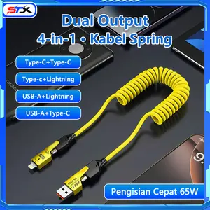 STX Kabel Data Spring 4 in 1 65W 6A Fast Quick Charging Kabel Data Lilit Spiral Silikon 1,5 Meter 4 in 1 type C 65W, Kabel Data Spring 4in1 Type C 65W + PD 27W / Kabel Data 4 in 1 65W Fast Charging PD Type C To C Kabel Casan 4in1