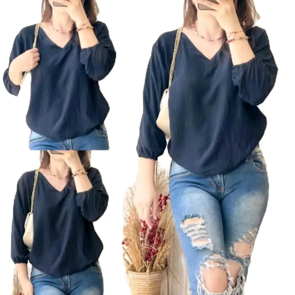 Blouse Wanita Murah Blouse Crinkle Airflow Chanda Blouse V-neck Oversize Lembut Atasan Panjang Baju Casual Cewek Dewasa Top Nyaman