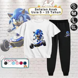 Baju Setelan Anak Laki Laki - Pakaian Kaos dan Celana Fashion Anak Cowok Usia 5-15 Tahun - Motif SONIC Putih