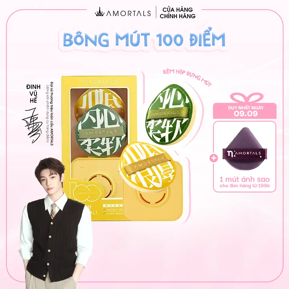 Bộ Mút Trang Điểm Phiên Bản 100 Điểm AMORTALS Chính Hãng – Dùng Khô & Ướt Đa Năng, Kèm Cọ & Hộp Đựng Tiện Lợi