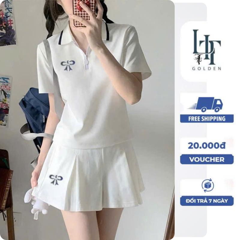 Bộ đồ thể thao nữ mùa hè tay ngắn áo thun polo chân váy thêu nơ hàng QC cao cấp - LIT.GOLDEN