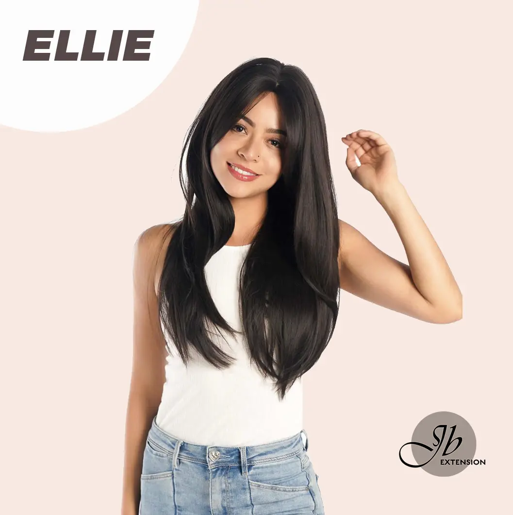 JBSELECT4YOU 26 Inches Tea Black Darkest Brown Wolf Cut Wig With Bangs ELLIE