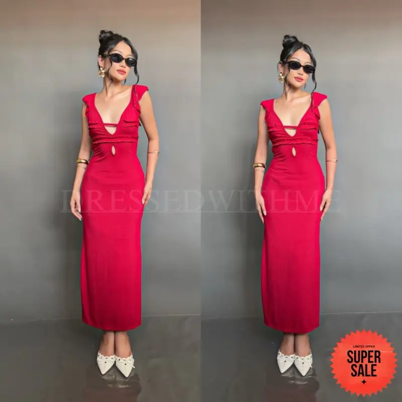 DWM ALMIRA sexy hollow-out ruffles short cap sleeve open back tie up elegant long fishtail dress for summer Backless