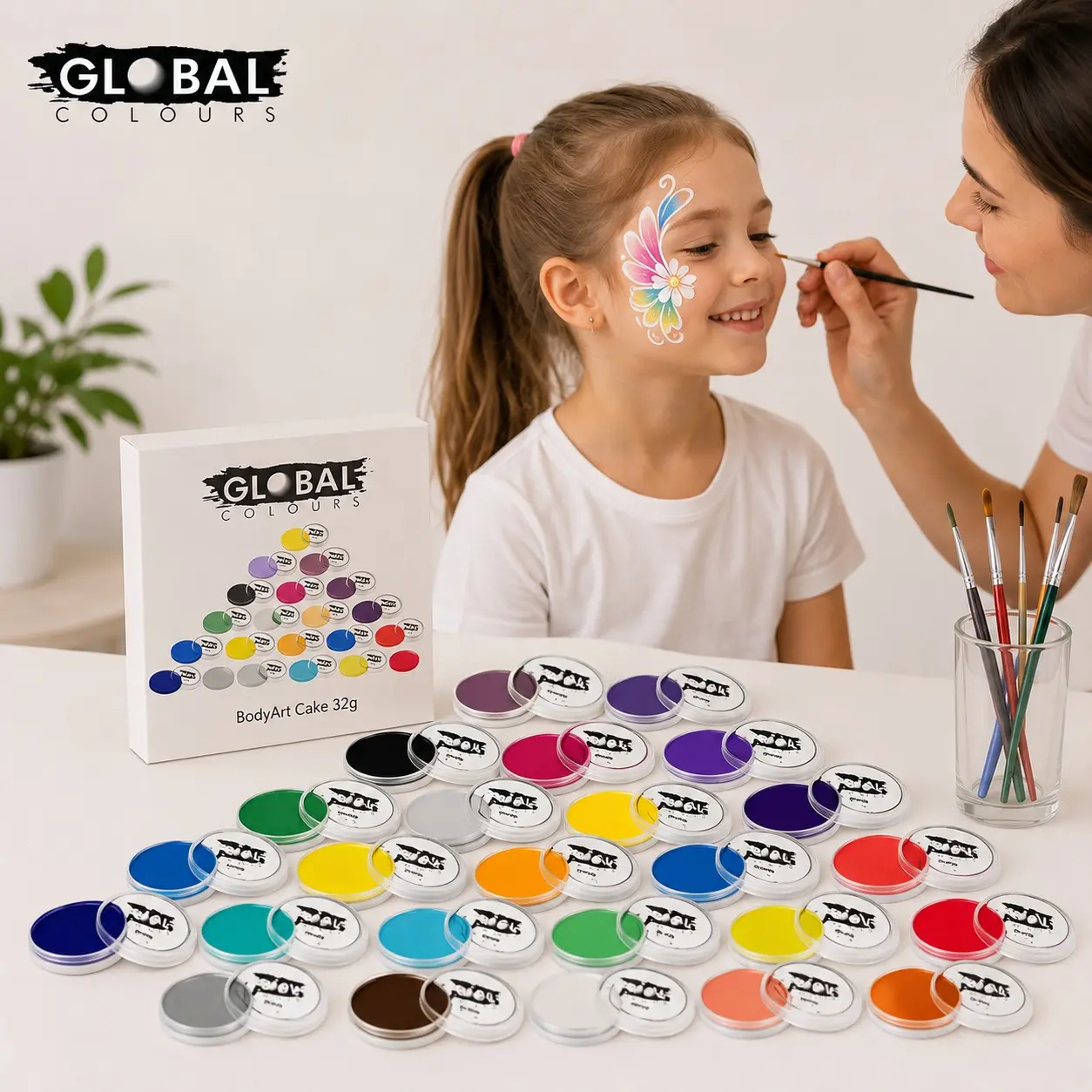 Global Colours BodyArt Cake 32g – Face & Body Paint Non-Toxic, Water-Based - Metallic, Neon & Pearl