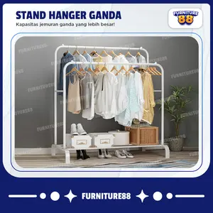 FURNITUR88 Stand Hanger Double 2 Tiang serbaguna Gantungan Pakaian 2 Tiang Bahan Pipa Besi SGYJ-1
