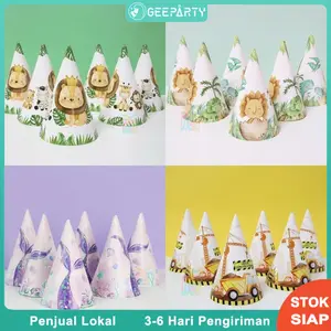 GeeParty 1/6/10 Pcs Hadiah Topi Kertas Topi Ulang Tahun Bertema Lucu Untuk Dekorasi Pesta Ulang Tahun Anak-anak (Putri Duyung / Dinosaurus / Hewan / Konstruksi / Kupu-kupu)