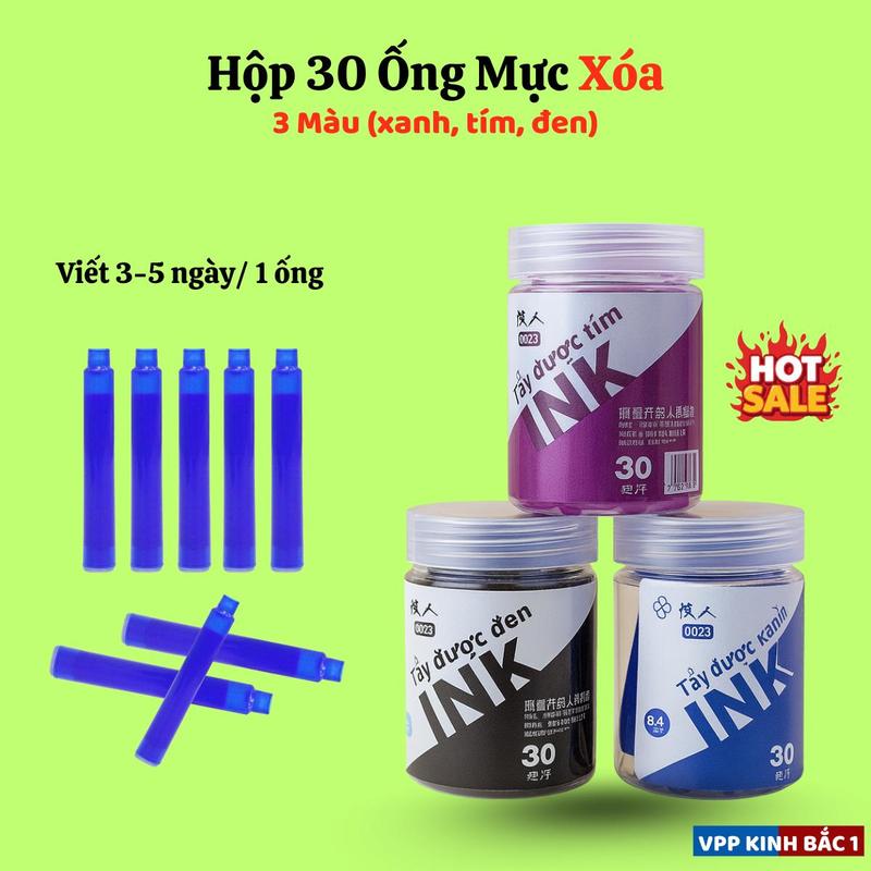  Hộp 30 ống mực XOÁ -  Mực dùn cho các bút máy bấm xóa,tiểu học 4 màu tím xanh đen,xanh đen. 