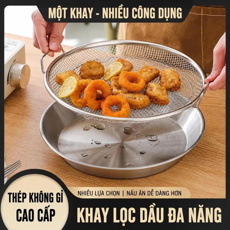 Set Khay 22cm Inox 304 Kèm Vỉ Lưới Ráo Dầu Đa Năng - Đĩa Hứng Dầu, Khay Lọc Dầu Chiên Nướng, Thực Phẩm An Toàn