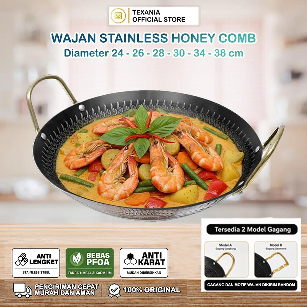 [PROMO BULAN INI] {PO 10 HARI DIKIRIM} Wajan Stainless Steel Honey Comb Anti Lengket Anti Karat Tahan Lama 24cm 26cm 28cm 30cm 34cm 38cm Motif Random