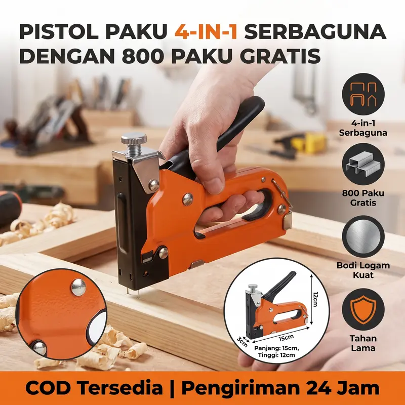 Set Pistol Paku Tembak 4-in-1 Tugas Berat untuk Pengerjaan Kayu dan Pelapis Alat Tacker Manual Efisien dengan Staples Oranye