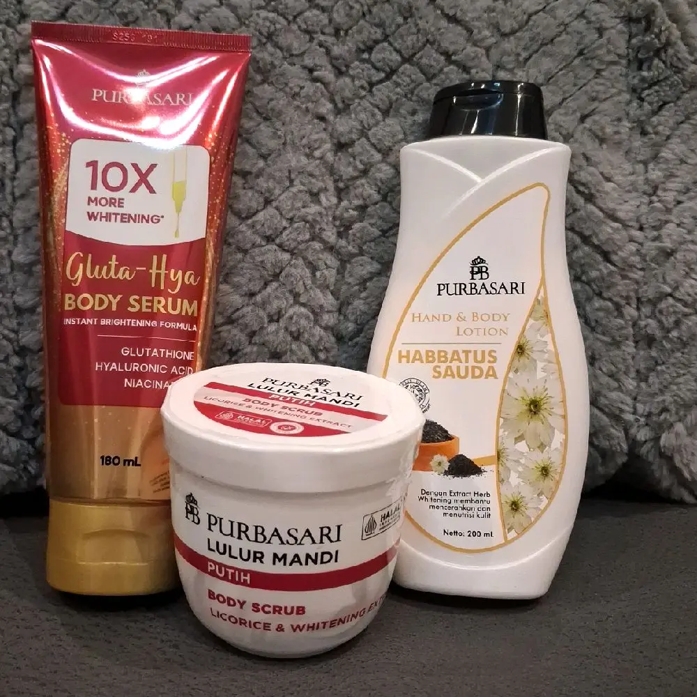lulur glutathione 3PCS Perawatan Tubuh Purbasari Body Serum 180ml + Hand & Body Lotion Habbatussauda 200ml + Mandi Putih 200ml - Shop Looloon L-glutathione Powder Supplement, duracion 30 Variant:3ml
