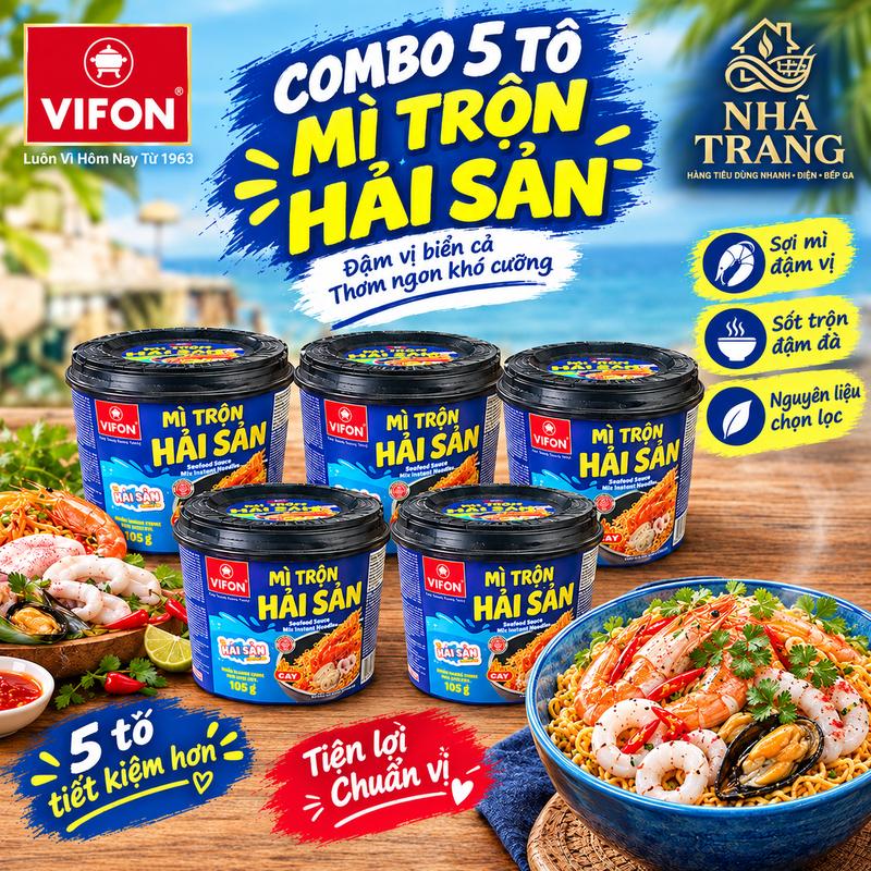 Combo 5 Tô mì trộn 3 vị- Mì trộn hải sản, Mì trộn tương đen, Mì Trộn Spaghetti VIFON 105g- đậm đà hương vị, thơm ngon bắt vị