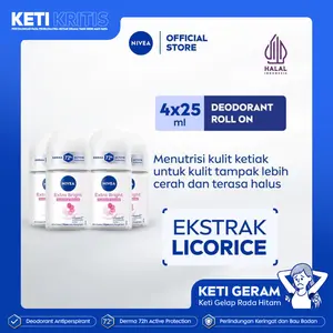 (PAKET HEMAT ISI 4) NIVEA Deodorant Antiperspirant Roll On Extra Bright Radiant & Smooth 25ml - Deodoran wanita mencerahkan ketiak brightening glowing wangi segar seharian anti bau badan keringat - Vit C, Ekstrak Licorice, 0% alkohol cocok semua kulit