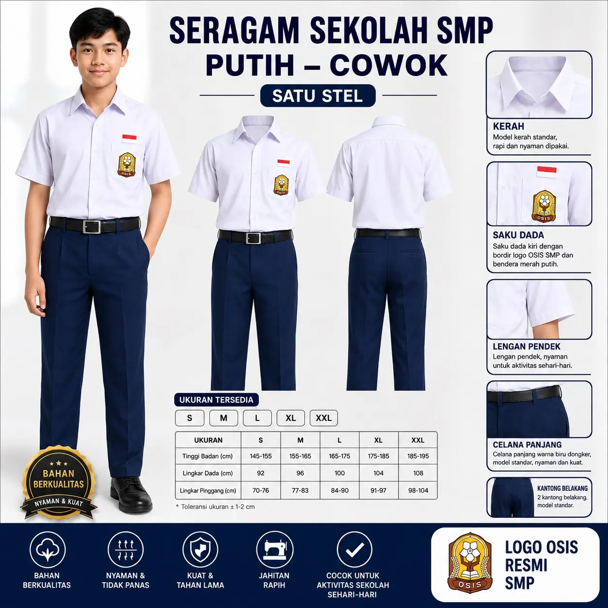 Seragam Sekolah SMP Putih Biru Cowok Lengan Pendek 1 Stel | Baju Putih Celana Biru Dongker