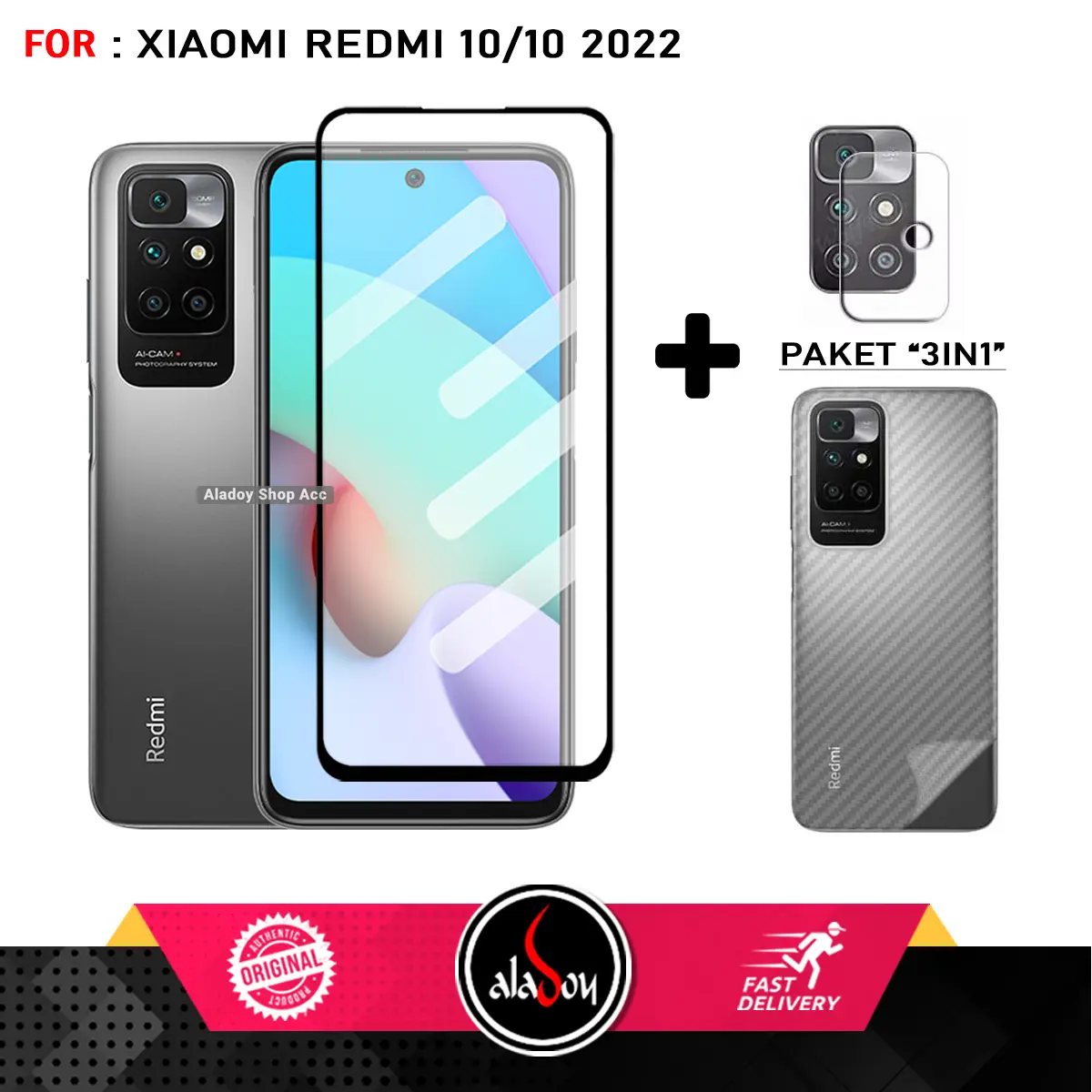 Paket 3in1 Tempered Glass For Xiaomi Redmi 10 2022 Anti Static Free Tempered Glass Camera dan Skin Carbon