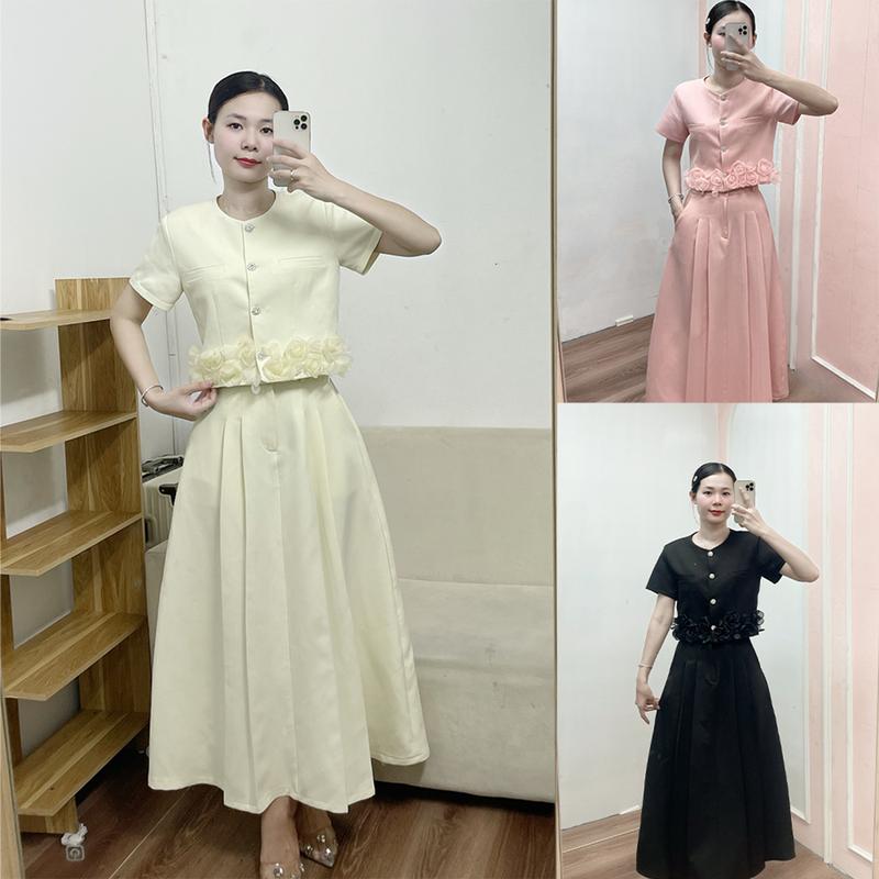 CÓ BIGSIZE KangStudio - K015 Set Váy Viền Hoa Hồng Áo Croptop Tay Lỡ Cổ Tròn Chân Váy Midi Dài - Sang Trọng Phù Hợp Mọi Dịp