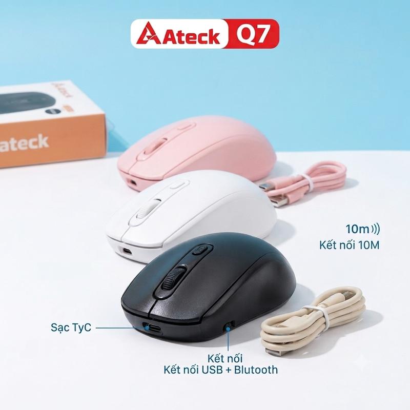 Chuột Không Dây Ateck Q7 | Sạc Type-C | USB + Bluetooth | Click Silent