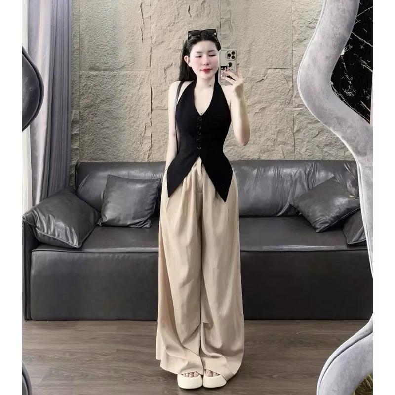  Mèo Mỡ Bigsize — Set bộ thời trang nữ áo yếm xẻ vạt nhọn phối quần ống rộng đũi bigsize 60-90kg 