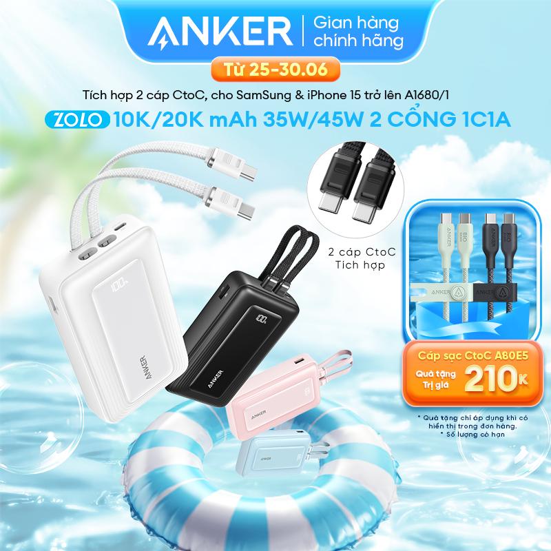 Sạc dự phòng Anker Zolo 10kmAh/20kmAh 35W/45W | Tích hợp sẵn 2 cáp USB-C | 2 cổng 1C1A hỗ trợ sạc nhanh cho iPhone 15/16/iPad/Samsung/Airpods - A1680/1