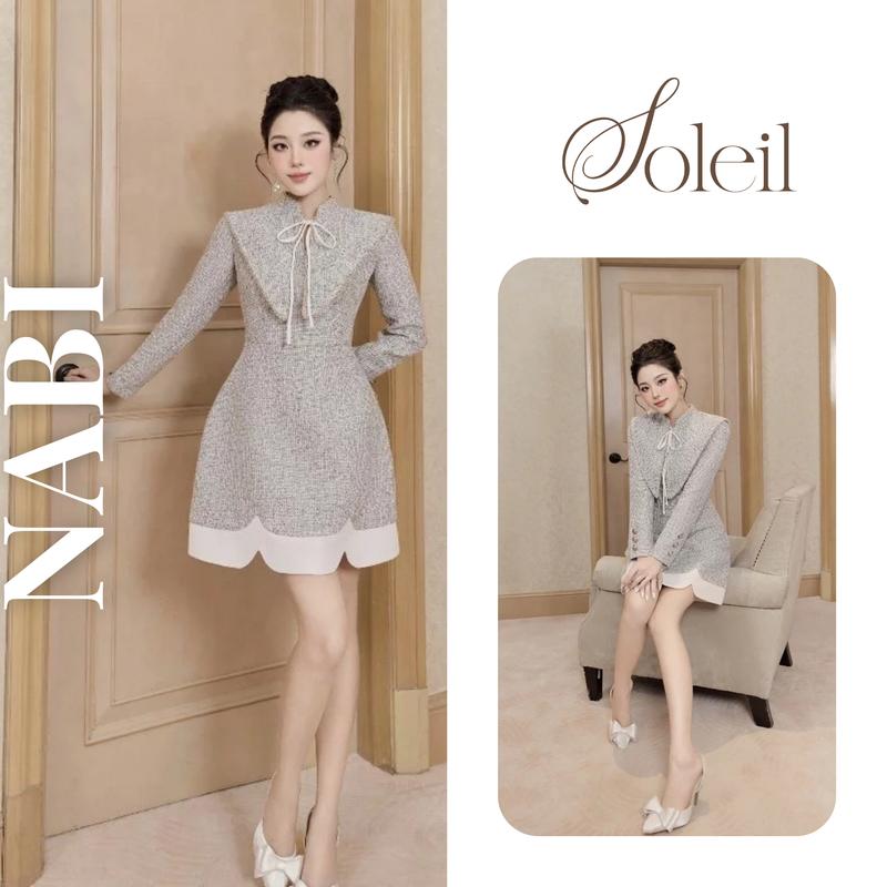 SOLEIL - Váy Đầm Dạ Tweed Kim Tuyến Nabi Dress Thiết Kế Nữ Cổ Tàu Dài Tay Dáng Bồng Ngắn Chiết Eo Phối Vạt Nhọn Sang Trọng Màu Ghi Xám Đi Tiệc VD40