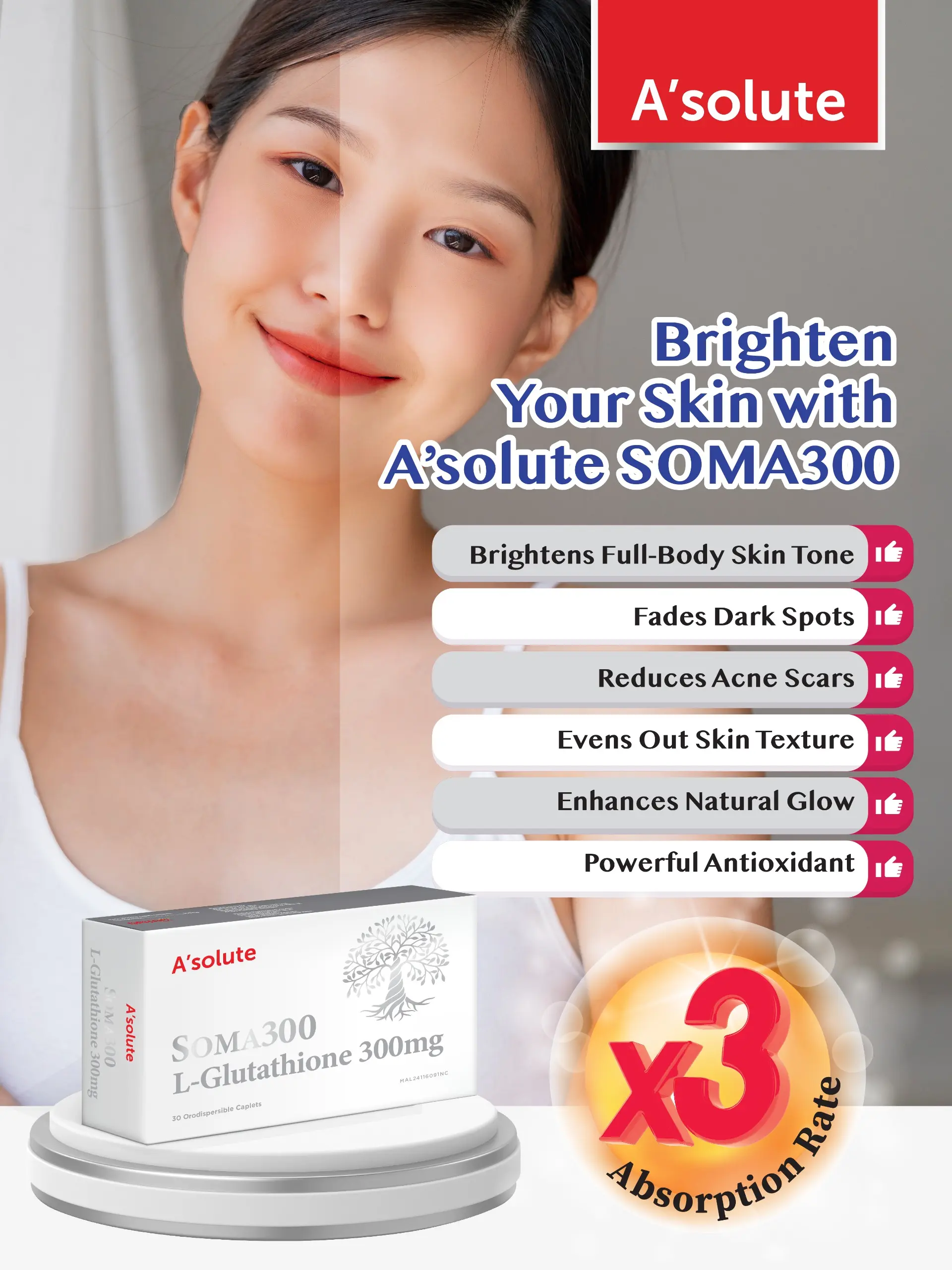 soma glutathione Asolute Soma 300 300mg L-Glutathione Plus for Skin(30s)