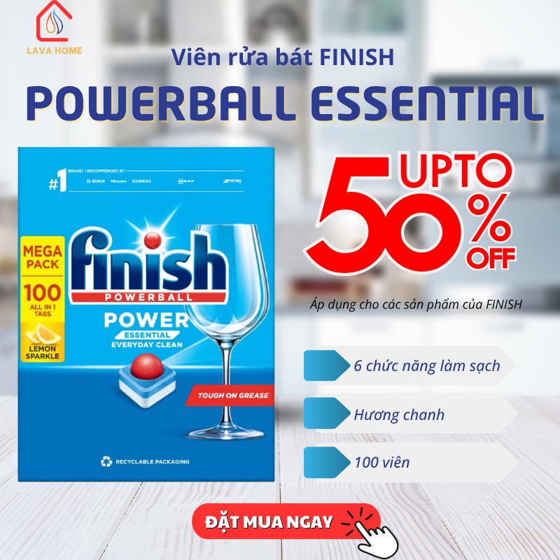 Viên Rửa Chén Bát Finish Powerball Power Essential Hương Chanh - Túi 100 viên siêu tiết kiệm