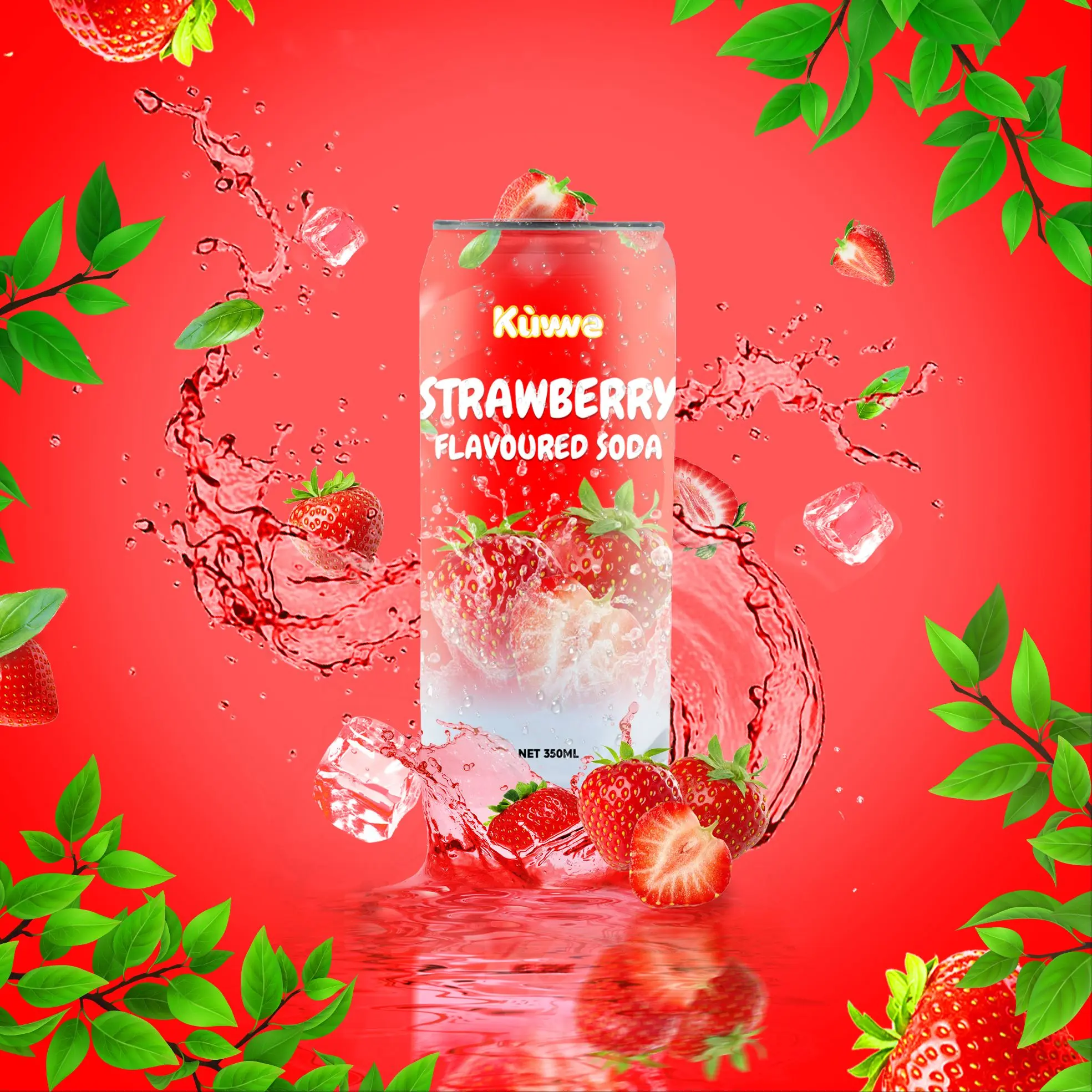 (Healthier Choice) Kuwwe Strawberry Flavoured Carbonated Sparkling Soda 24 Cans x 350 ML
