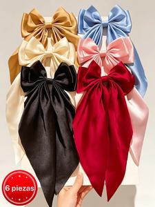 Conjunto de 6 piezas: pinza para el cabello con lazo grande de satín para mujer, barrette con lazo de cola sedosa larga, lazo elegante para coleta, ideal para peinados diarios, bodas, fiestas y para agregar un toque romántico a cualquier atuendo.