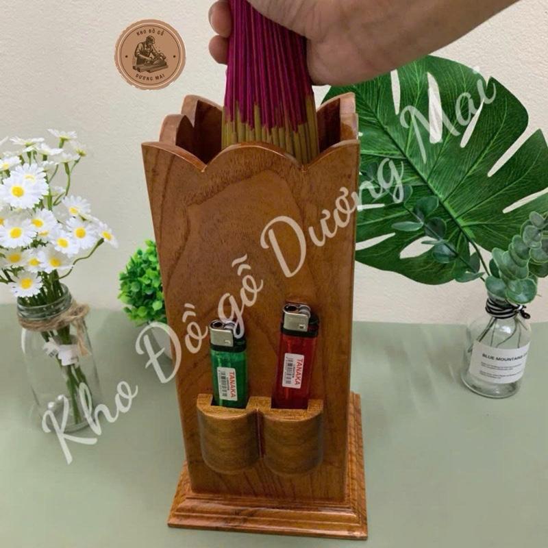 Ống đựng nhang bằng gỗ tự nhiên hình cánh hoa sen có chỗ để hột quyẹt