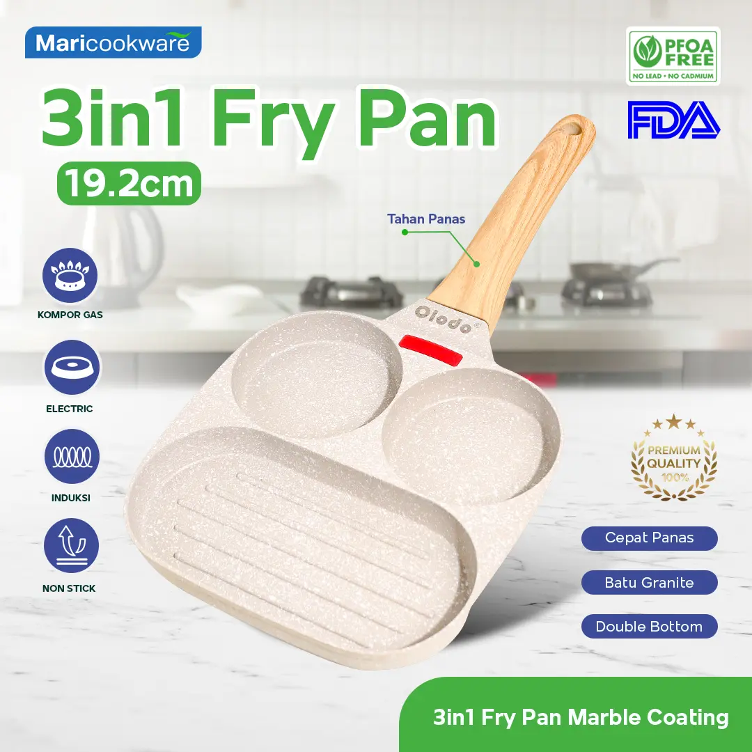 3in1 Grill Non-Stick Medic Stone Fry Pan Wajan 3 dalam 1 Panggang Tumis Batu Medis Anti Lengket + Indikator Panas