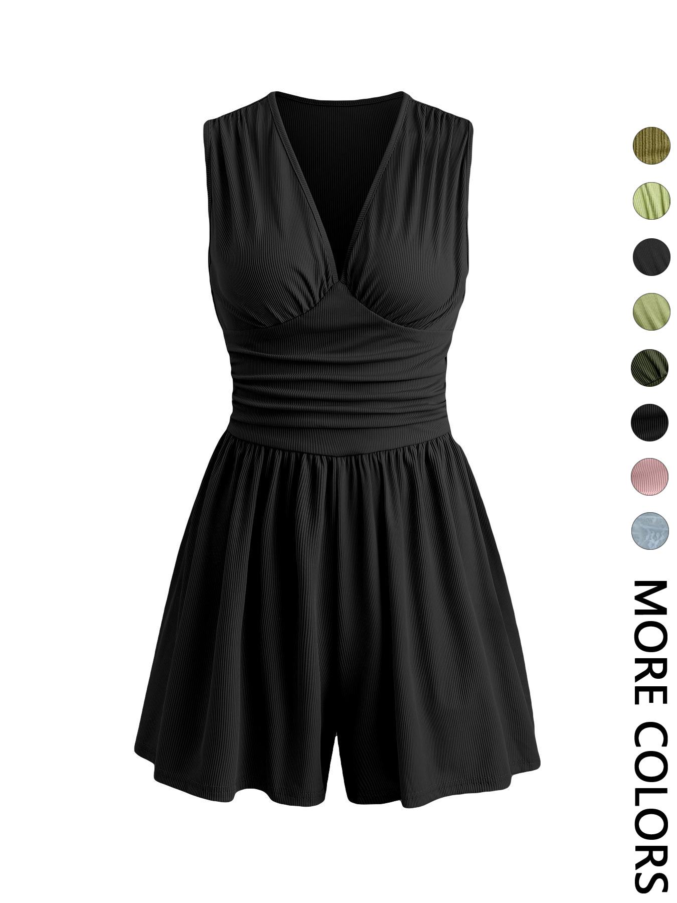 Women's Plain Ruched Deep V Neck Tank Romper, Elegant Sleeveless Romper For Summer, Fashion Casual Ladies Clothes For Daily Wear Women's Plain Ruched Deep V Neck Tank Romper, Elegant Sleeveless Romper For Summer, Fashion Casual Ladies Clothes For Daily Wear