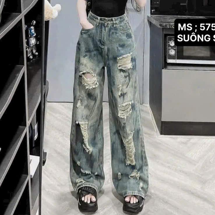 Quần baggy Jean nữ ống rộng lưng cao rách kiểu -Quần jean nữ ống suông màu xanh Loang Vảy Sơn Hottren chất jean mềm TH5755