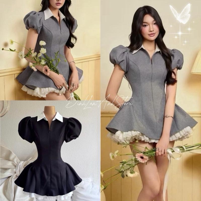 Đầm xoè phối tơ xếp ly cổ đức dây khoá kéo phía trước thiết kế sang trọng dự tiệc - DinhLanAnhStore