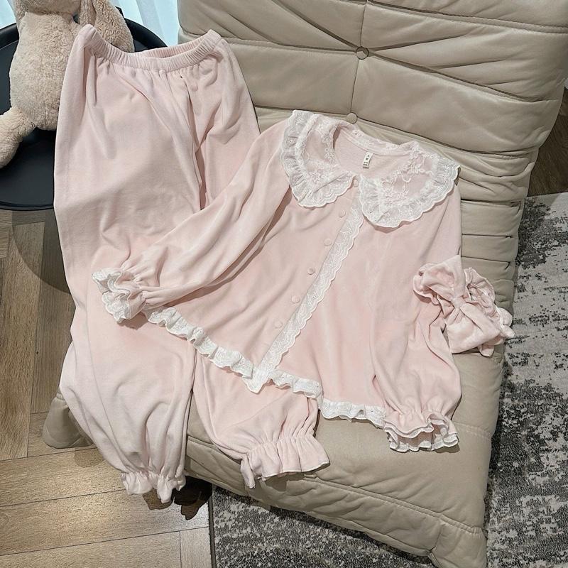 N523- Pijama dài tay nhung tiểu thư - CÓ kèm nơ hồng cho nữ - Bộ ngủ mặc nhà ấm cho nữ hàng quảng châu cao cấp