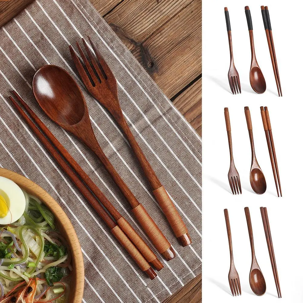 3pcs/set Korean Wooden Tableware Creative Colorful Wooden Spoon Set Of Three Solid Wood Long Handle Couple Spoon Chopsticks Portable Meal