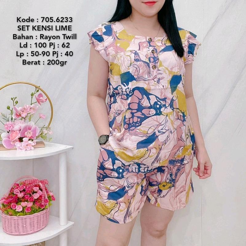 286 Setelan Pendek Canse Kancing Abstrak Corak Bunga Katun Twill Halus Rayon Wanita Baju Motif Cantik 1