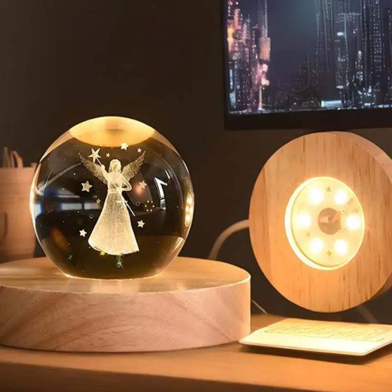 6CM/8CM Round Wooden LED Light Base 3D Crystal Glass Resin Art Ornament Wood Night Lamp Base Holder LED Light Rotating Display Stand