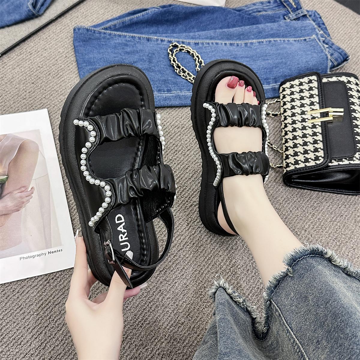 LURAD WL210 Sandal Wanita Modis Motif Polos Mutiara Tali Belakang Sandal Cewek OOTD Santai  Ringan Nyaman Dipakai