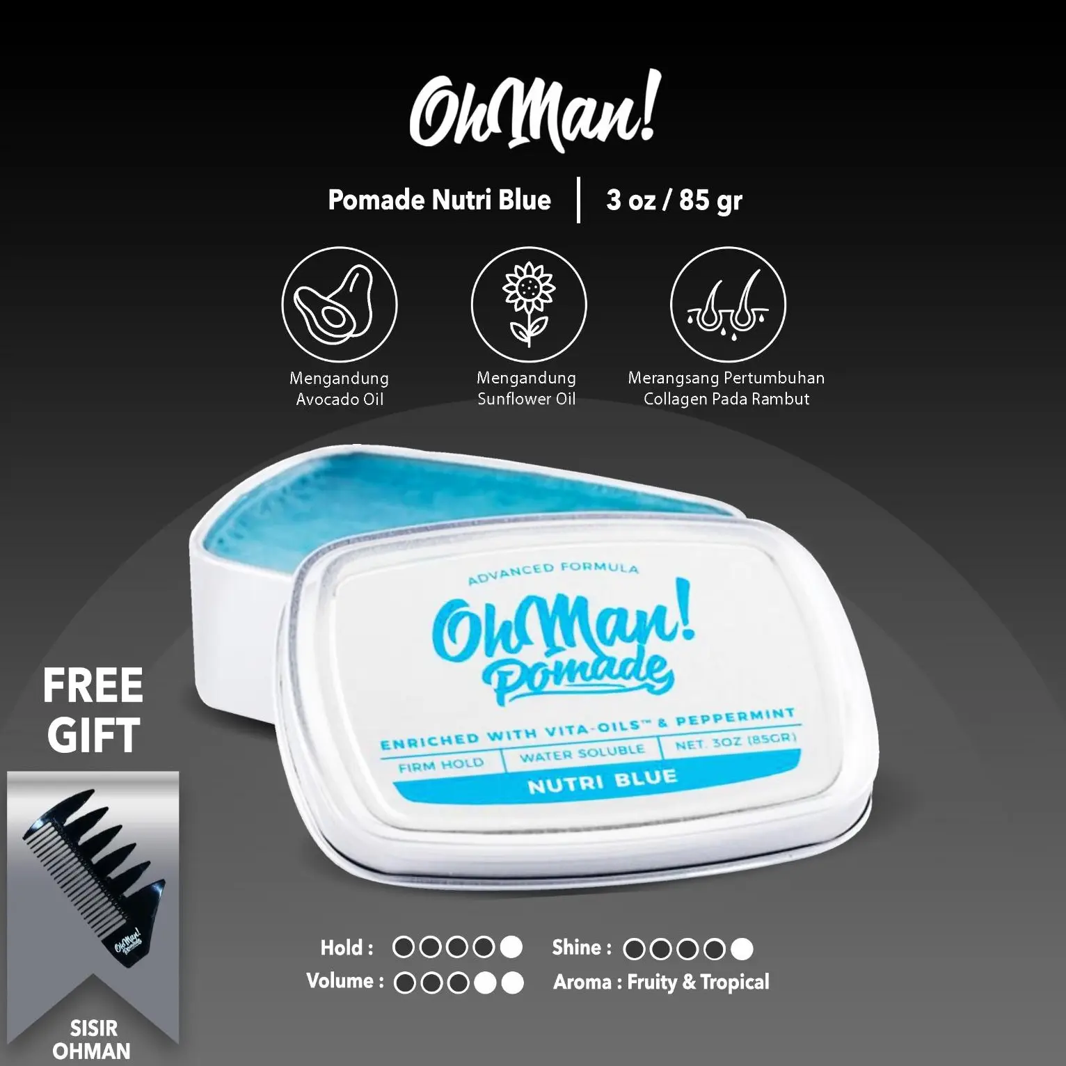 Oh Man! Pomade Nutri Blue 85gr Water Based FREE SISIR HITAM kahf  pomade