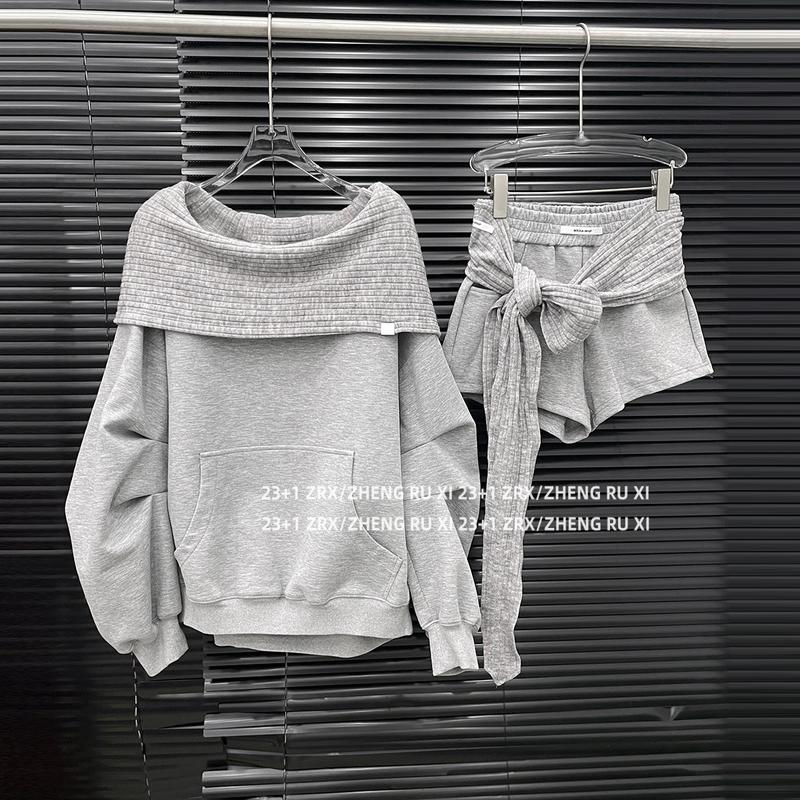 Bộ Áo Hoodie Sành Điệu Cho Nữ Áo Có Mũ Trùm Đầu Trễ Vai Độc Đáo Áo Hoodie Quần Đùi Trang Phục 2 Mảnh 15084