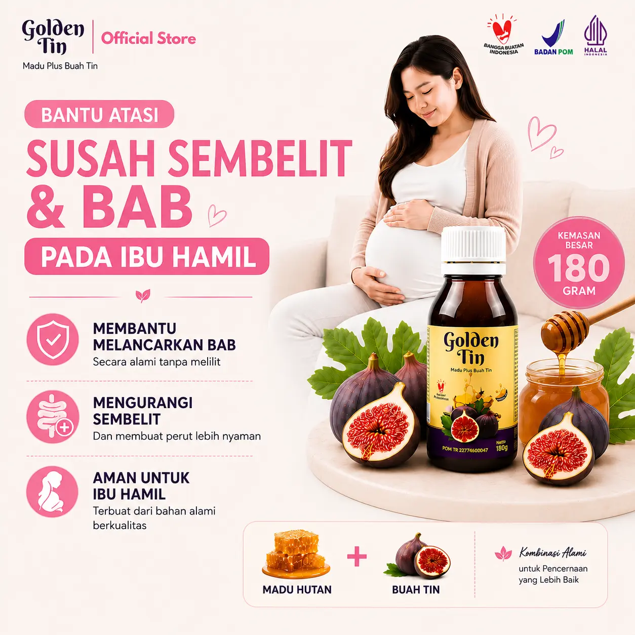 Golden Tin - Solusi Alami untuk Susah BAB & Sembelit pada Ibu Hamil - Madu Buah Tin Asli 180gr- BPOM RI